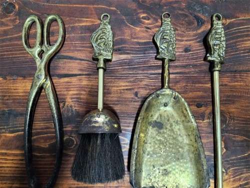 NAUTICAL THEME BRASS FIREPLACE TOOL SET WITH SAILING SHIP DESIGN 56CM HIGH