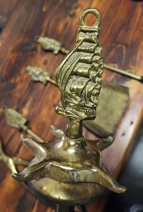 NAUTICAL THEME BRASS FIREPLACE TOOL SET WITH SAILING SHIP DESIGN 56CM HIGH