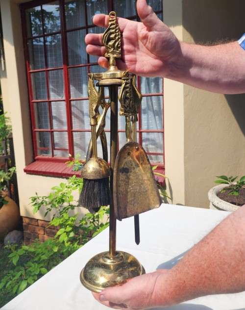 NAUTICAL THEME BRASS FIREPLACE TOOL SET WITH SAILING SHIP DESIGN 56CM HIGH