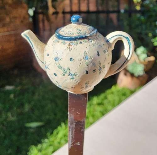 RARELY SEEN ART DÉCOR TEAPOT SPOON HOLDER WITH DESERT END FORKS AND SPOONS
