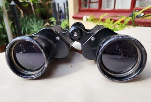 VINTAGE 1970S ATLAS COATED 7x50 JAPANESE BINOCULARS NO 65714 IN ORIGINAL BEIGE LEATHER CASE