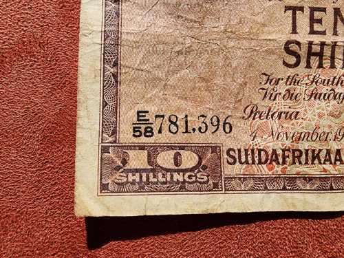 WAR TIME ISSUED OLD SOUTH AFRICAN 10 SHILLING NOTE FROM 1941 VAN RIEBEECK LARGE TYPE