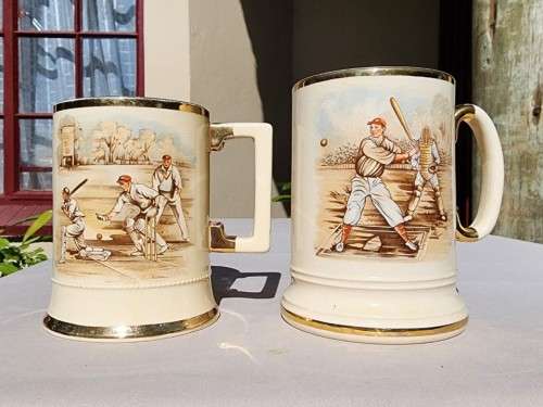 ARTHUR WOOD ENGLAND 1930-1940 SPORTING SERIES MUGS (BASEBALL AND CRICKET) WITH GOLD TRIMS