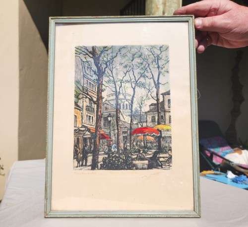 MAURICE JACQUE FRENCH ARTIST MONTMARTRE PLACE DU TETRE PARIS HAND COLOURED ETCHING SIGNED 1950S