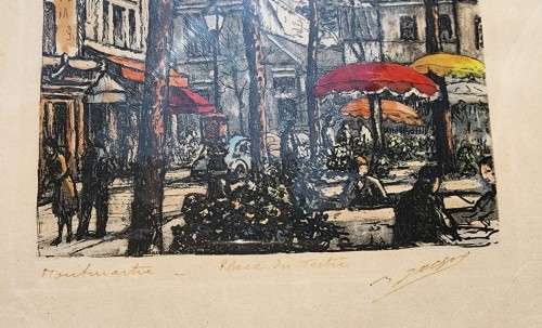 MAURICE JACQUE FRENCH ARTIST MONTMARTRE PLACE DU TETRE PARIS HAND COLOURED ETCHING SIGNED 1950S