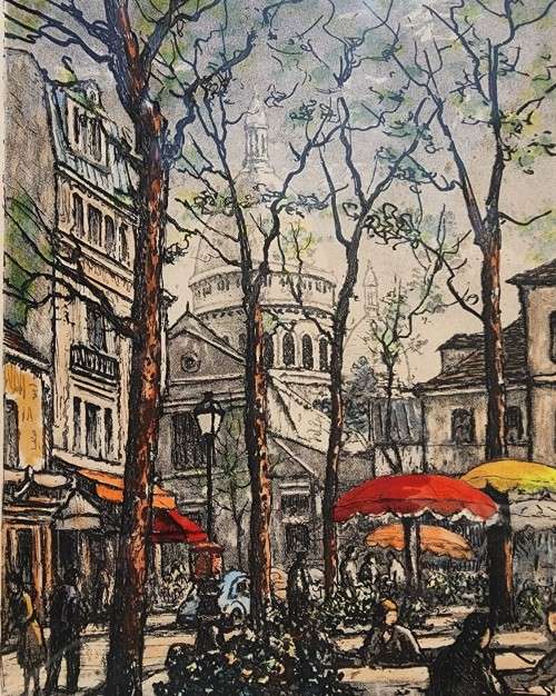 MAURICE JACQUE FRENCH ARTIST MONTMARTRE PLACE DU TETRE PARIS HAND COLOURED ETCHING SIGNED 1950S