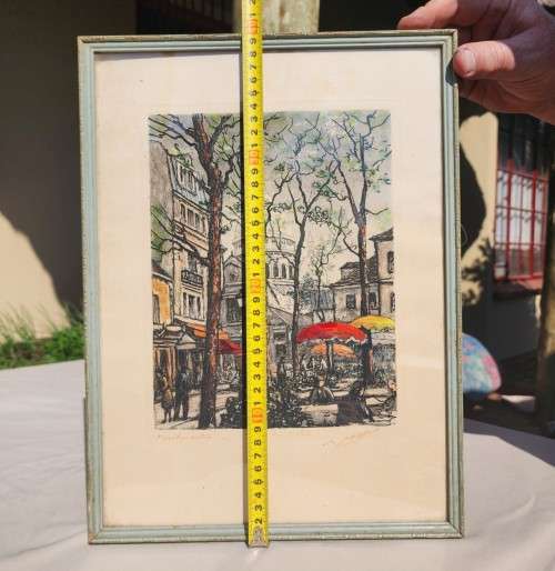 MAURICE JACQUE FRENCH ARTIST MONTMARTRE PLACE DU TETRE PARIS HAND COLOURED ETCHING SIGNED 1950S