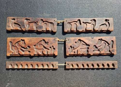 VINTAGE HAND CARVED 360 DEGREE VIEW COOKIE MOLDS  DOGS BIRDS BEAR AND RHINO IN CLASS  SET 3 OF 3