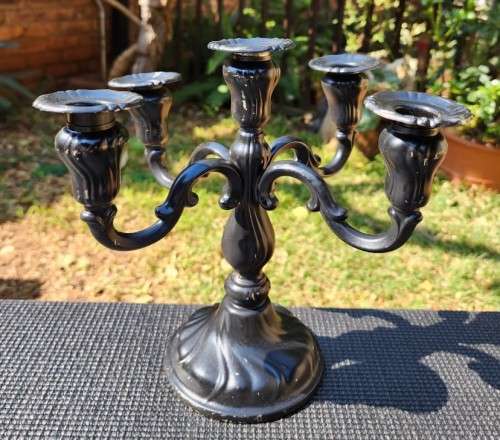 CLASSICAL STYLE BLACK PAINTED ALUMINIUM 5-PILLAR CANDELABRUM LARGE 25CM HIGH