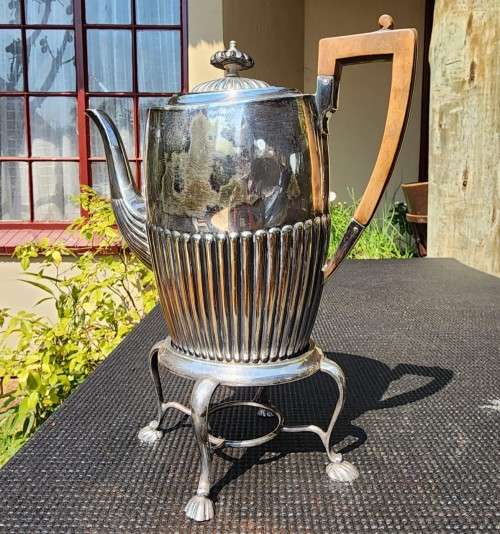 ANTIQUE (1853-1925) ATKIN BROTHERS SHEFFIELD ENGLAND SILVERPLATED COFFEE POT ON STAND