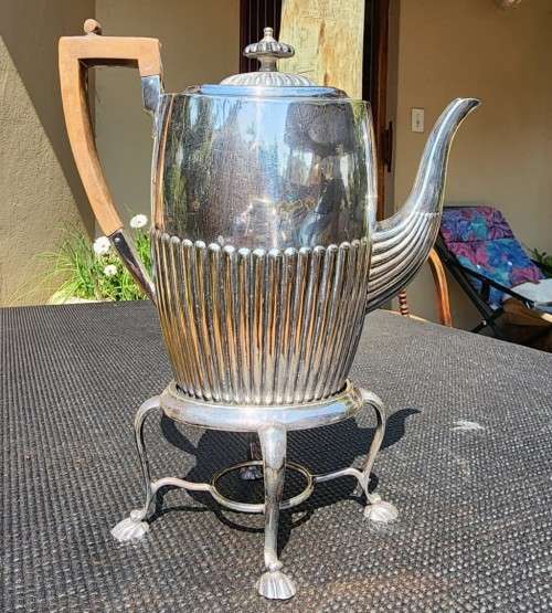 ANTIQUE (1853-1925) ATKIN BROTHERS SHEFFIELD ENGLAND SILVERPLATED COFFEE POT ON STAND