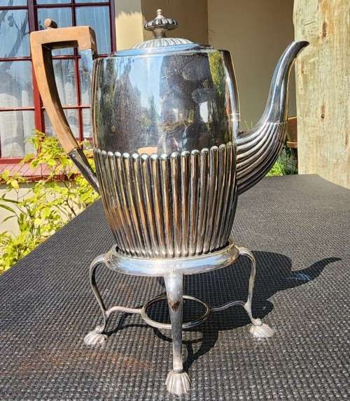 ANTIQUE (1853-1925) ATKIN BROTHERS SHEFFIELD ENGLAND SILVERPLATED COFFEE POT ON STAND