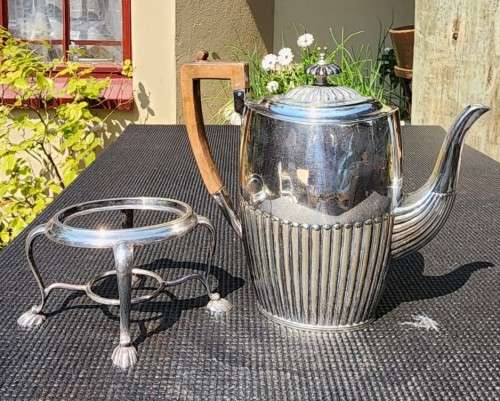 ANTIQUE (1853-1925) ATKIN BROTHERS SHEFFIELD ENGLAND SILVERPLATED COFFEE POT ON STAND