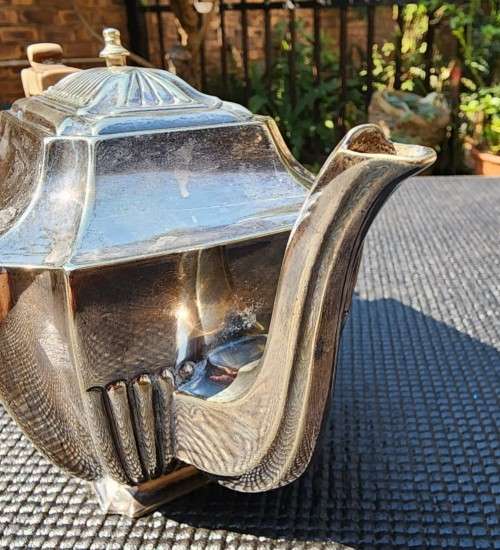 ANTIQUE (1853-1925) ATKIN BROTHERS SHEFFIELD ENGLAND SILVERPLATED TEAPOT CREAMER AND SUGAR BOWL