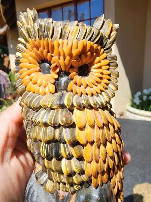 TWO CUTE SUNFLOWER SEED ART FIGURINES AN OWL AND TORTOISE