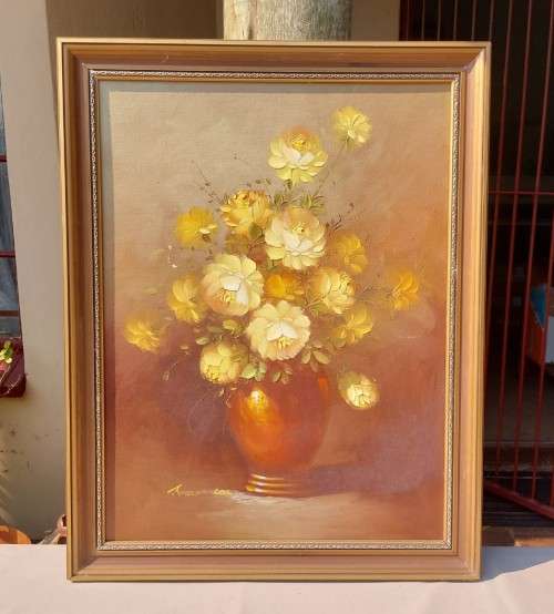 ROBERT COX!! (1934-2001) YELLOW ROSE FLORAL BOUQUET ORIGINAL OIL PAINTING (54CM W 69CM H)
