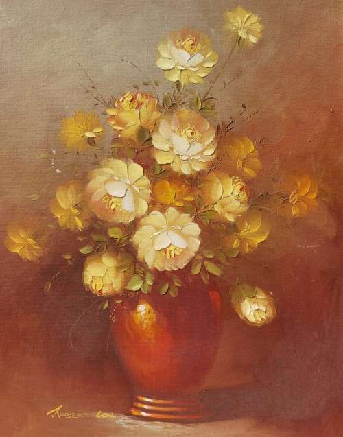 ROBERT COX!! (1934-2001) YELLOW ROSE FLORAL BOUQUET ORIGINAL OIL PAINTING (54CM W 69CM H)