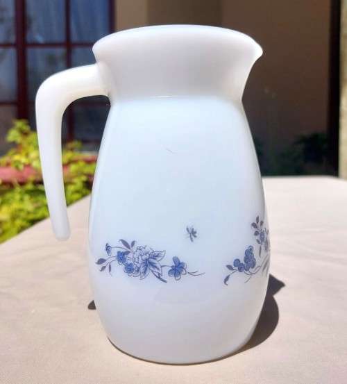 CUTE SMALL MILK GLASS PITCHER WITH BLUE FLOWERS DESIGN