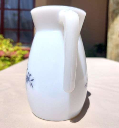 CUTE SMALL MILK GLASS PITCHER WITH BLUE FLOWERS DESIGN