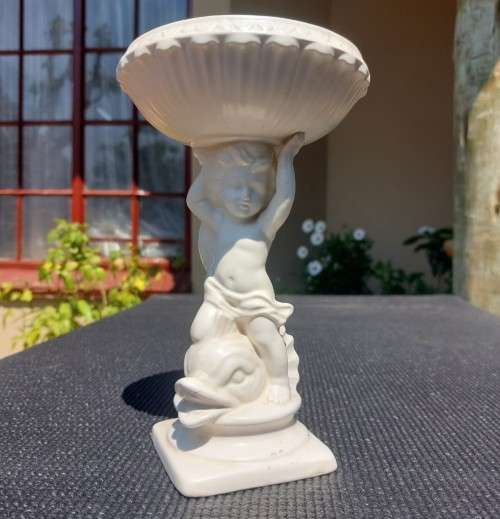 CUTE KK ORIGINAL CERAMIC CHERUB BOY RIDING A FISH HOLDING A BOWEL STAND