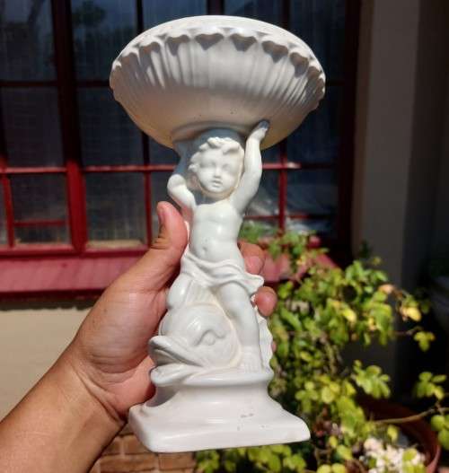 CUTE KK ORIGINAL CERAMIC CHERUB BOY RIDING A FISH HOLDING A BOWEL STAND
