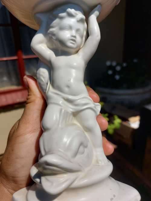 CUTE KK ORIGINAL CERAMIC CHERUB BOY RIDING A FISH HOLDING A BOWEL STAND
