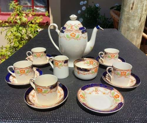 HAND PAINTED! FAMOUS HAMPTON PATTERN ALFRED MEAKIN ENGLAND 1930S GLAZED EARTHENWARE 15 PIECE TEASET