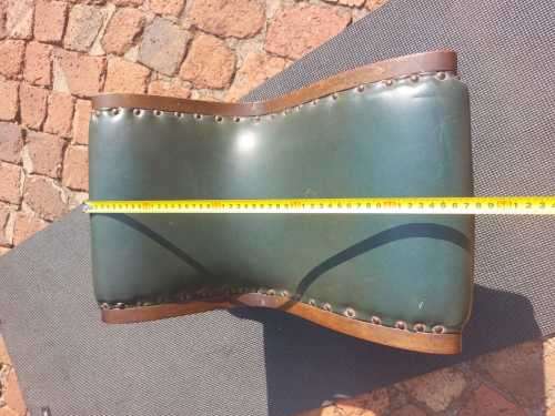 ANTIQUE X BASE ROCKING FOOT GOUT STOOL WITH GREEN TANNED LEATHER UPHOLSTERY