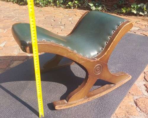 ANTIQUE X BASE ROCKING FOOT GOUT STOOL WITH GREEN TANNED LEATHER UPHOLSTERY
