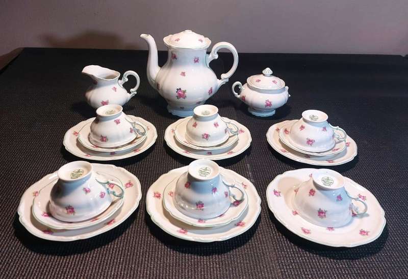 VERY RARE WW2 ERA HUTSCHENREUTHER HOHENBURG 1944 MARK 22 PIECE INGEBORG PINK ROSE PATTERN TEASET