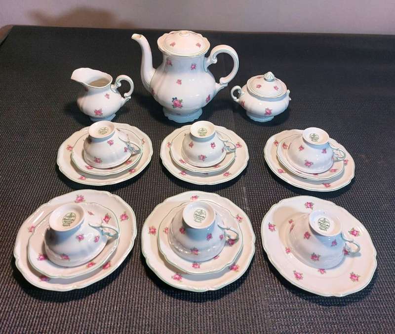 VERY RARE WW2 ERA HUTSCHENREUTHER HOHENBURG 1944 MARK 22 PIECE INGEBORG PINK ROSE PATTERN TEASET