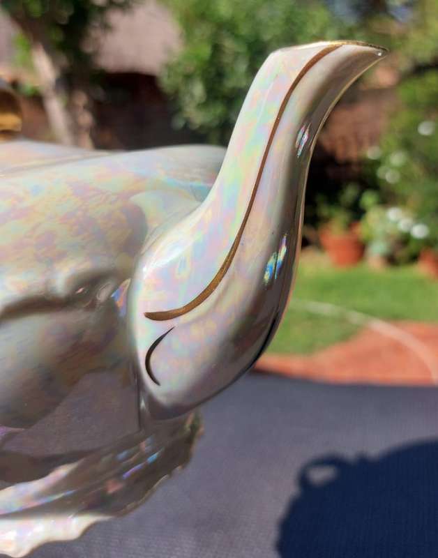 RARE 1950S GEBRUDER BENEDICT (GB) CZECH BOHEMIA IRRIDESCENT PEARL LUSTERWARE TEAPOT SUGAR MILK