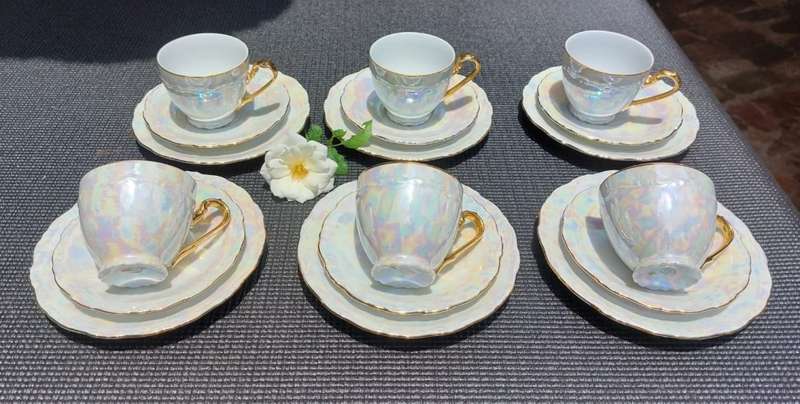 CZECH BOHEMIA SET OF 6 IRRIDESCENT PEARL LUSTERWARE GEBRUDER BENEDICT (GB) TRIOS RARE 1950S