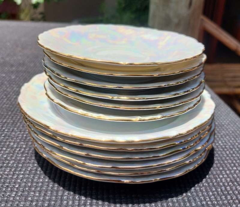 CZECH BOHEMIA SET OF 6 IRRIDESCENT PEARL LUSTERWARE GEBRUDER BENEDICT (GB) TRIOS RARE 1950S