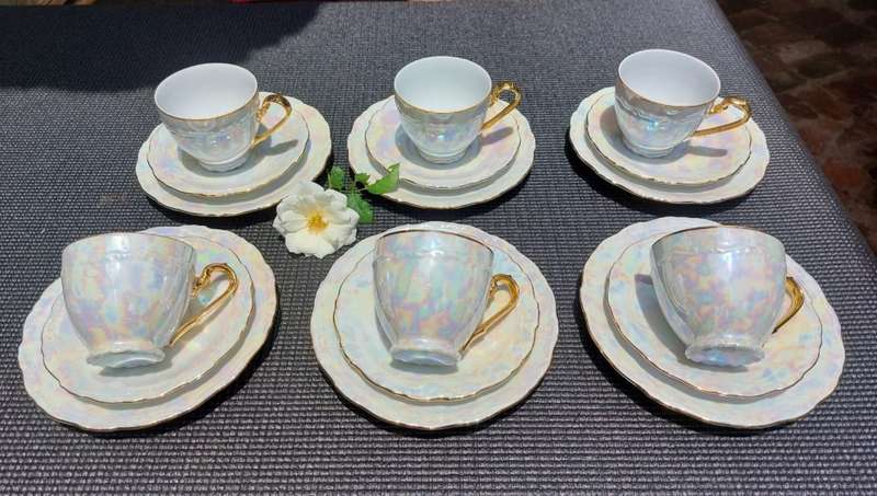 CZECH BOHEMIA SET OF 6 IRRIDESCENT PEARL LUSTERWARE GEBRUDER BENEDICT (GB) TRIOS RARE 1950S