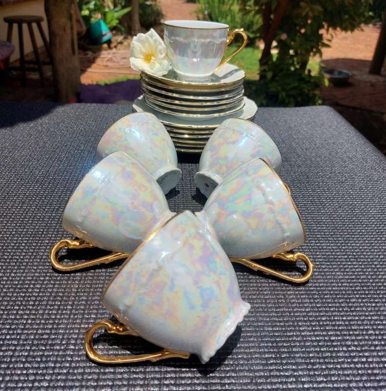 CZECH BOHEMIA SET OF 6 IRRIDESCENT PEARL LUSTERWARE GEBRUDER BENEDICT (GB) TRIOS RARE 1950S