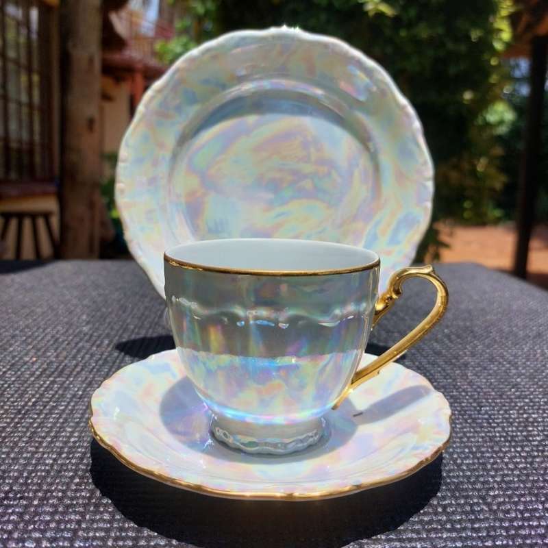 CZECH BOHEMIA SET OF 6 IRRIDESCENT PEARL LUSTERWARE GEBRUDER BENEDICT (GB) TRIOS RARE 1950S