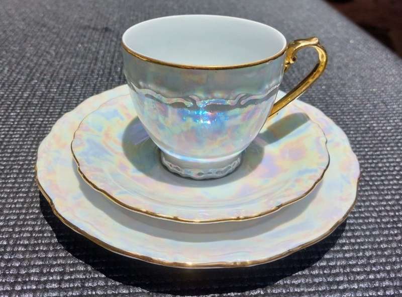 CZECH BOHEMIA SET OF 6 IRRIDESCENT PEARL LUSTERWARE GEBRUDER BENEDICT (GB) TRIOS RARE 1950S