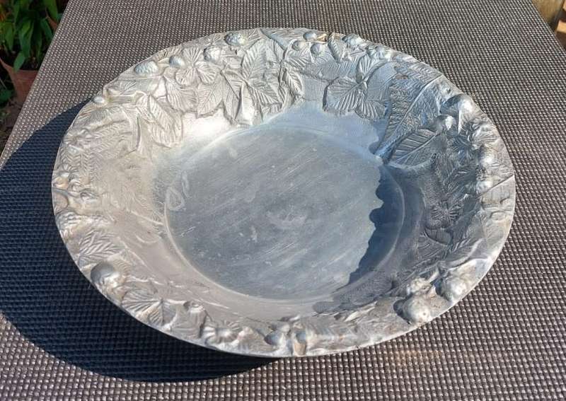 LARGE 36CM DIAMETER PEWTER OR ALUMINIUM BOWL WITH RAISED BERRY AND LEAF DESIGN