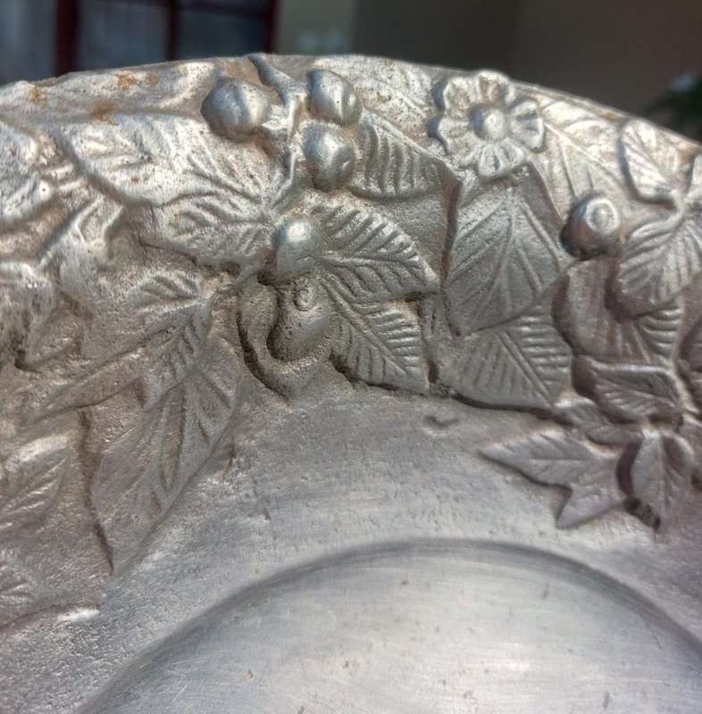 LARGE 36CM DIAMETER PEWTER OR ALUMINIUM BOWL WITH RAISED BERRY AND LEAF DESIGN