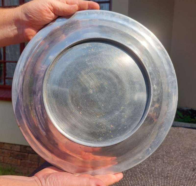 LARGE 36CM DIAMETER PEWTER OR ALUMINIUM BOWL WITH RAISED BERRY AND LEAF DESIGN