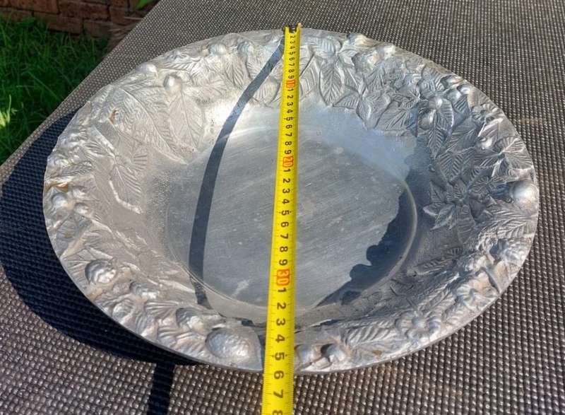 LARGE 36CM DIAMETER PEWTER OR ALUMINIUM BOWL WITH RAISED BERRY AND LEAF DESIGN