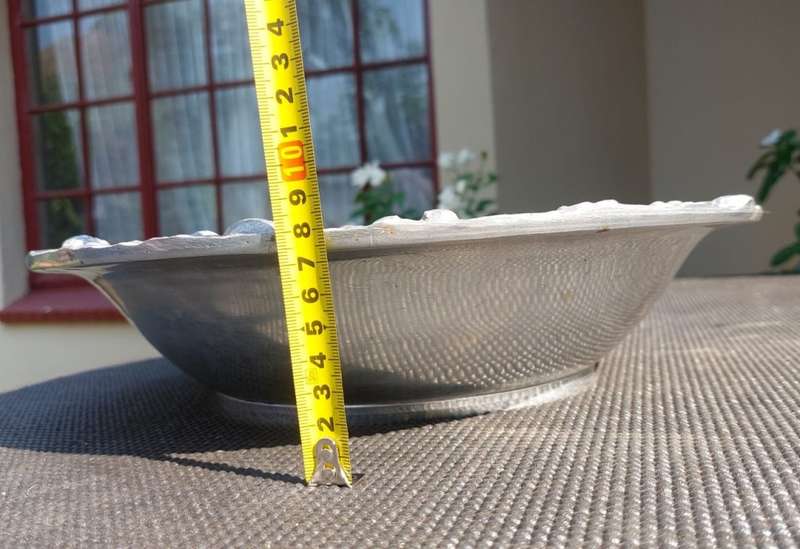 LARGE 36CM DIAMETER PEWTER OR ALUMINIUM BOWL WITH RAISED BERRY AND LEAF DESIGN