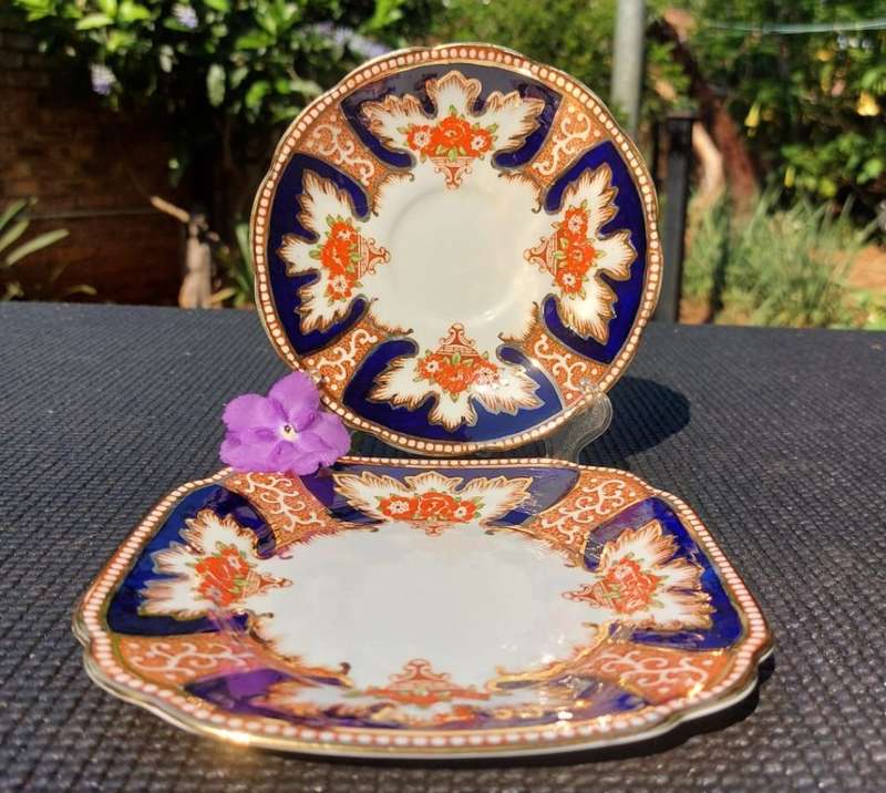 ROYAL ALBERT ENAMEL HANDPAINTED SAUCER AND SIDEPLATE (2ND OF 2) ANTIQUE 1922-1934 CROWN CHINA MARK