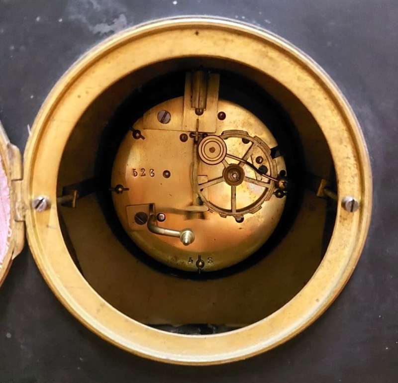 FRENCH SLATE-CASED HEAVY 14KG BLACK MARBLE SIX PILLAR ANTIQUE MANTLE CLOCK KEEPS TIME BUT NOT STRIKE