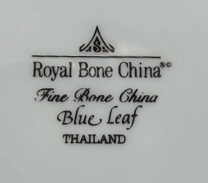 BEAUTIFUL ROYAL BONE CHINA THAILAND BLUE LEAF PATTERN TEACUP, SAUCER AND SIDEPLATE TRIO