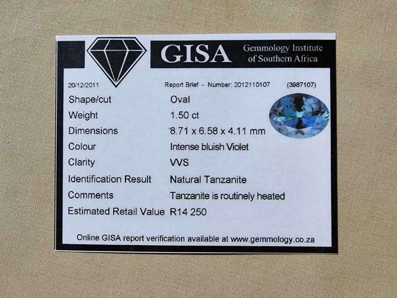 GISA CERTIFIED 1,50CT BLUISH VIOLET TANZANITE OVAL CUT GEMSTONE PLEASE READ FULL DESCRIPTION