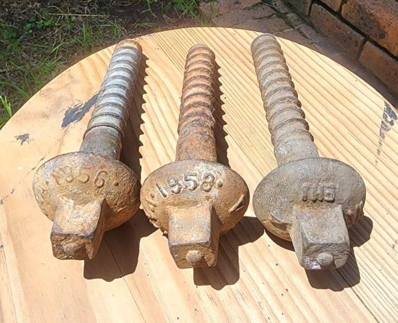 THREE VINTAGE 1950S SAR RAILWAY SLEEPER CAST IRON SCREW TRACK BOLTS