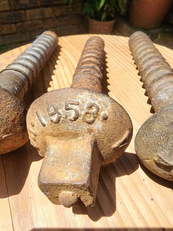 THREE VINTAGE 1950S SAR RAILWAY SLEEPER CAST IRON SCREW TRACK BOLTS