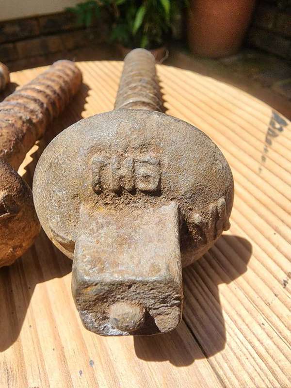 THREE VINTAGE 1950S SAR RAILWAY SLEEPER CAST IRON SCREW TRACK BOLTS